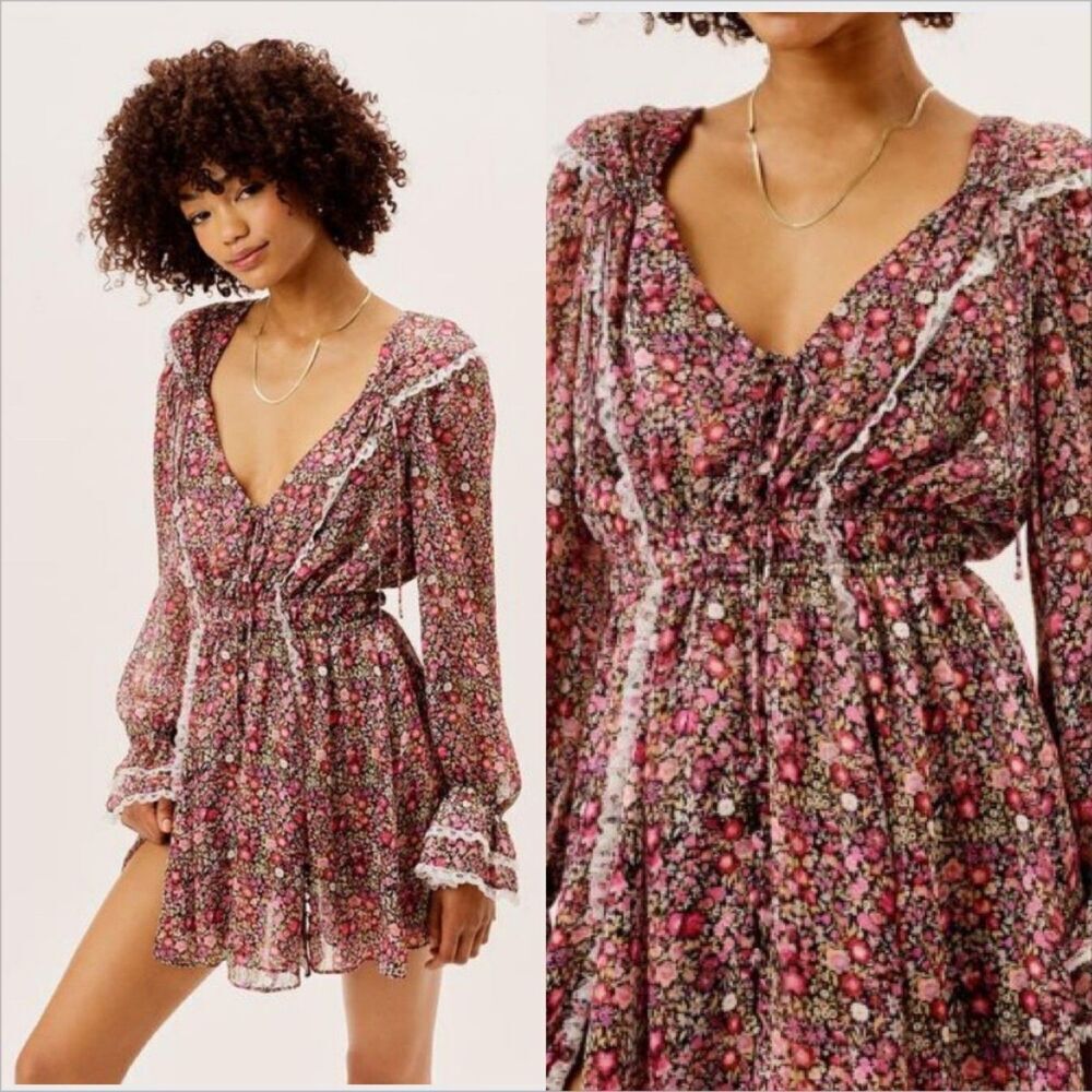 For Love & Lemon Grace Mini Dress Size Small Floral Lined Boho Prairie Feminine